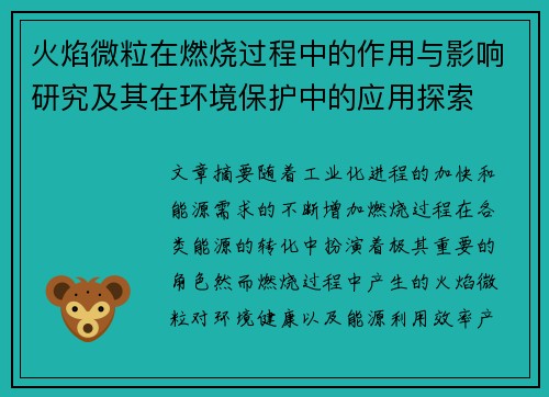火焰微粒在燃烧过程中的作用与影响研究及其在环境保护中的应用探索